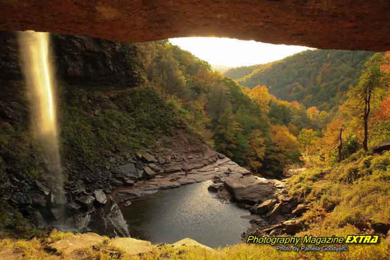 Behind Kaaterskill falls shooting out into the valley during the fall foliage.