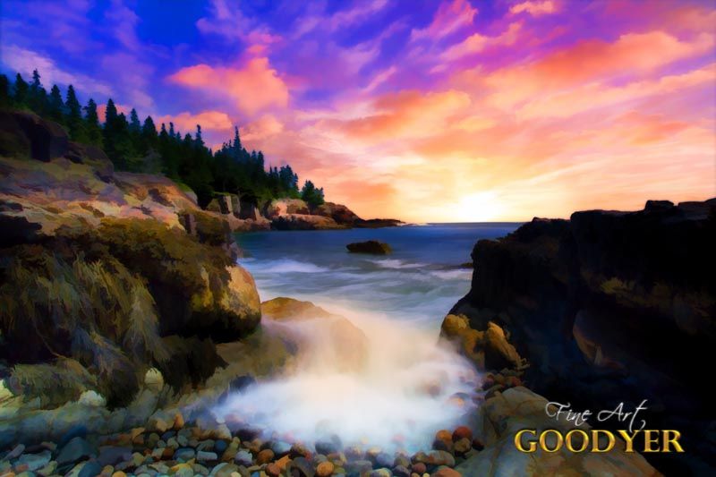 A fine art image by Pamela Goodyear of Acadia National Park. Long exposure. water coming up on the rocks with a blaring sunrise.