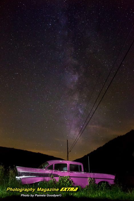 Catskill N.Y. Milky Way Photography. night photography showing a 1957 pink cadillac under the milkway