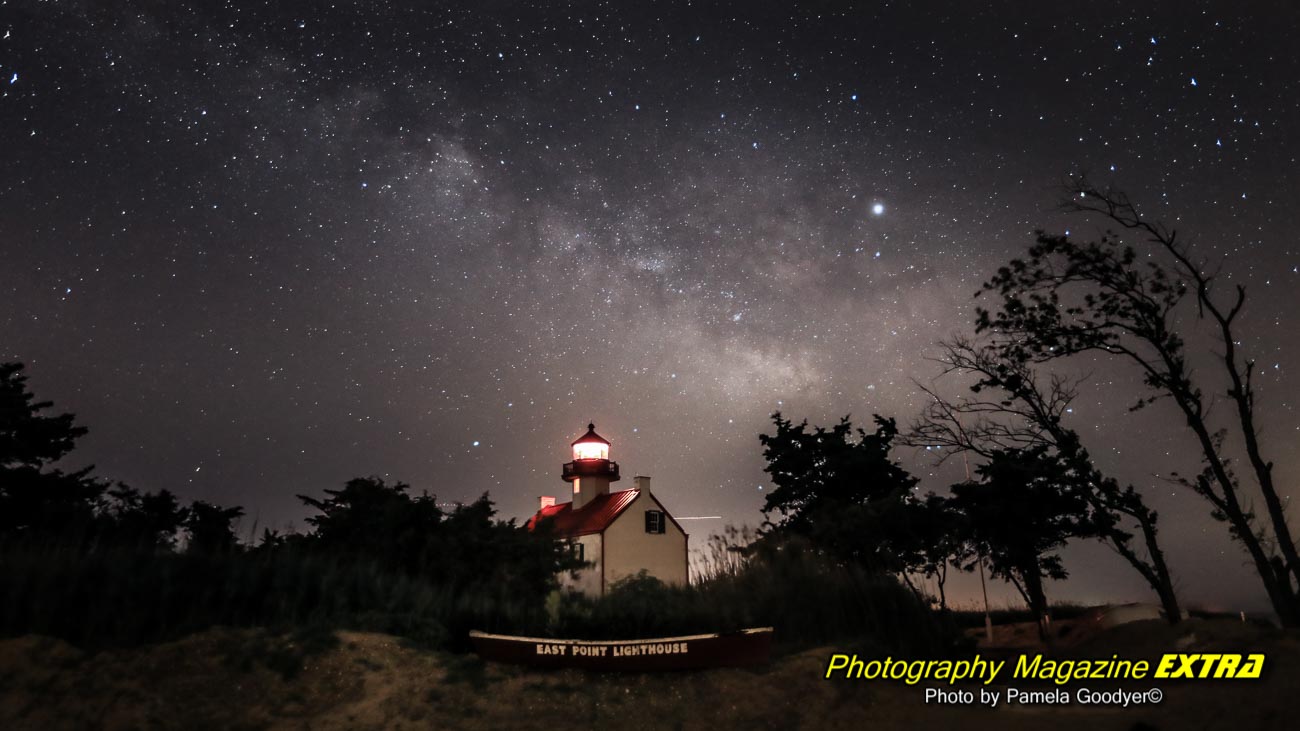 USE THIS PANO Pano123, Heislerville East Point Lighthouse New Jersey with the milky way bright above the lighthouse and a boat