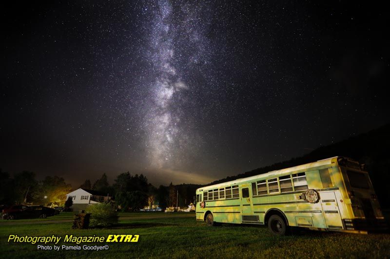 Roscoe NY photography of a bus with the Milky Way in the sky.