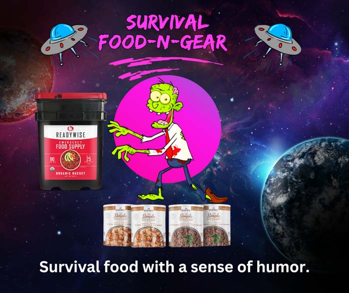 survival food and gear with an alien guy with food buckets