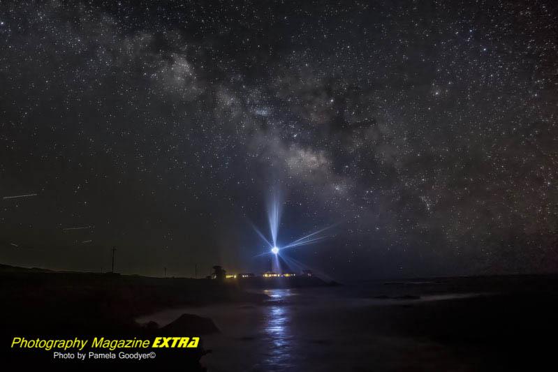 Pigeon point lighthouse with Milky Way blurring above it in the sky.