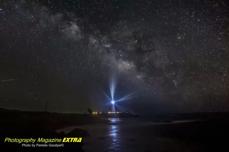 Pigeon point lighthouse with Milky Way blurring above it in the sky.