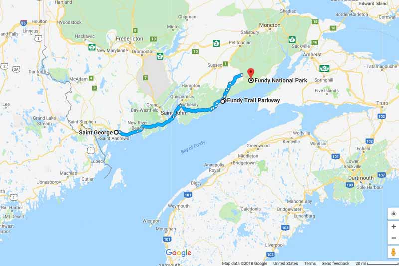 40 National Park Fundy Trail in St George map along the coast of Canada.