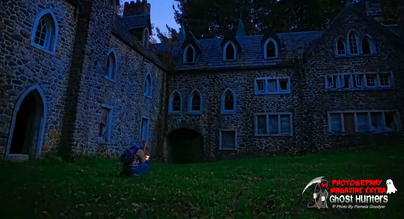 Checking our equipment in front of Dundas Castle in upstate New York in Roscoe, getting ready to start our ghost hunting paranormal investigation.