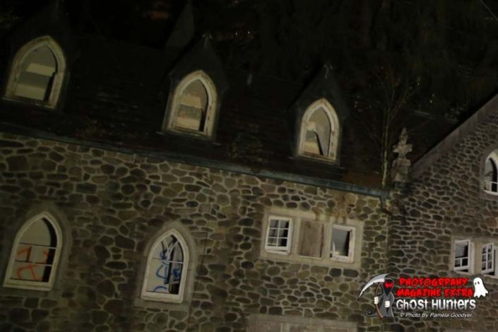 Pictures of the inside of the windows of Dundas Castle in Roscoe, NY while ghost hunting with a flashlight lit up.