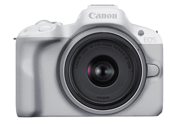 EOS R50 Canon camera in white with a lens