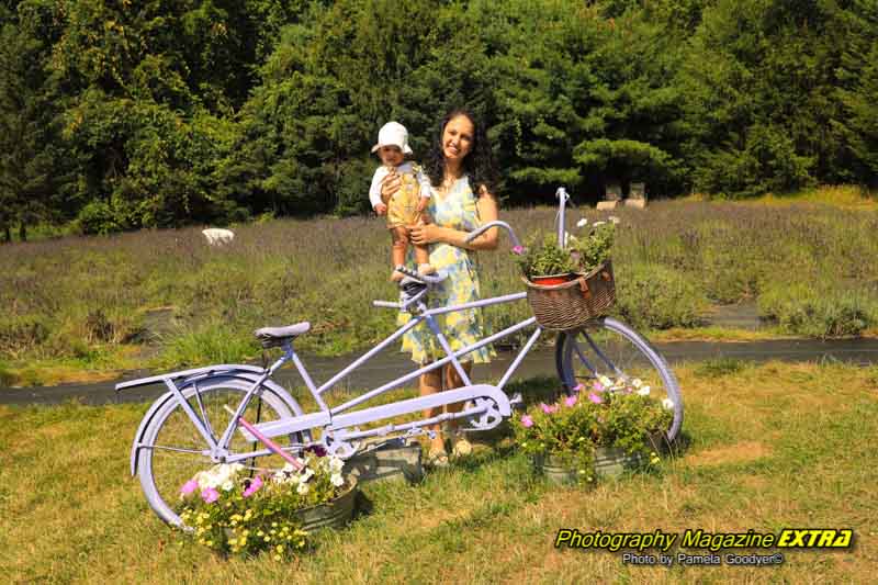 Lady holding a baby with a purple bicycle at the lavender farm.