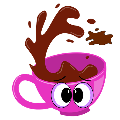 fushia coffee cup spilling with eyes on cupt